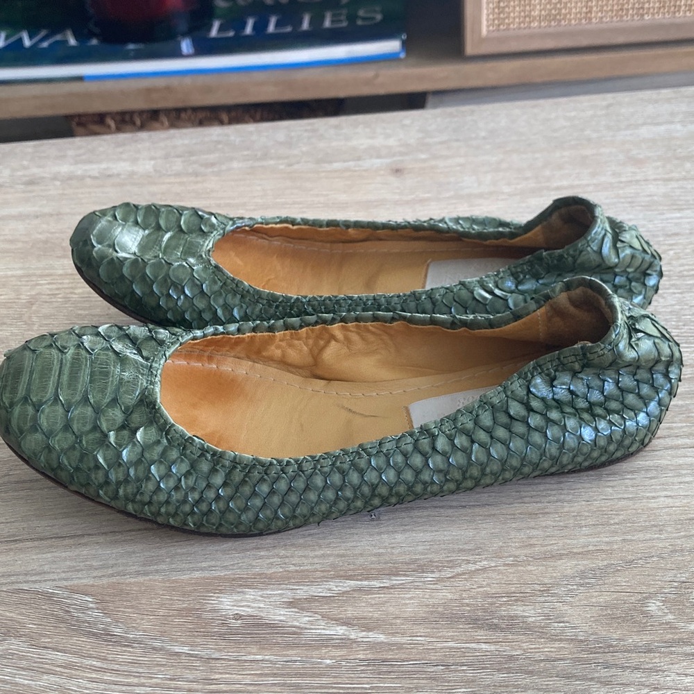 Lanvin Olive Green Python-Embossed Ballet Flats - image 7